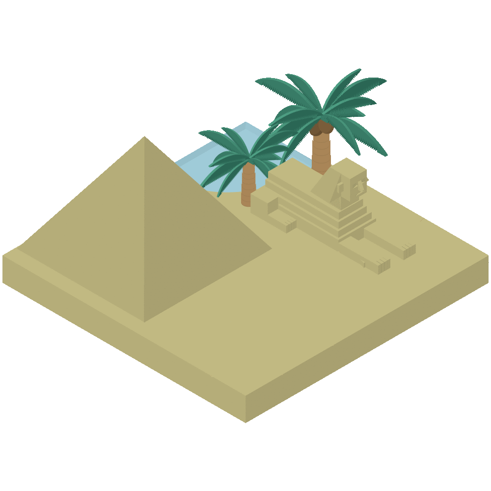 シンプルでかわいいアイソメトリックのピラミッドとスフィンクスのある砂漠をラクダが歩いているGIFアニメ素材