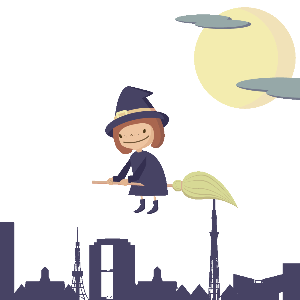 シンプルでかわいい月夜の街を魔法使いコスプレの女の子が箒に乗って飛んでいるハロウィン素材