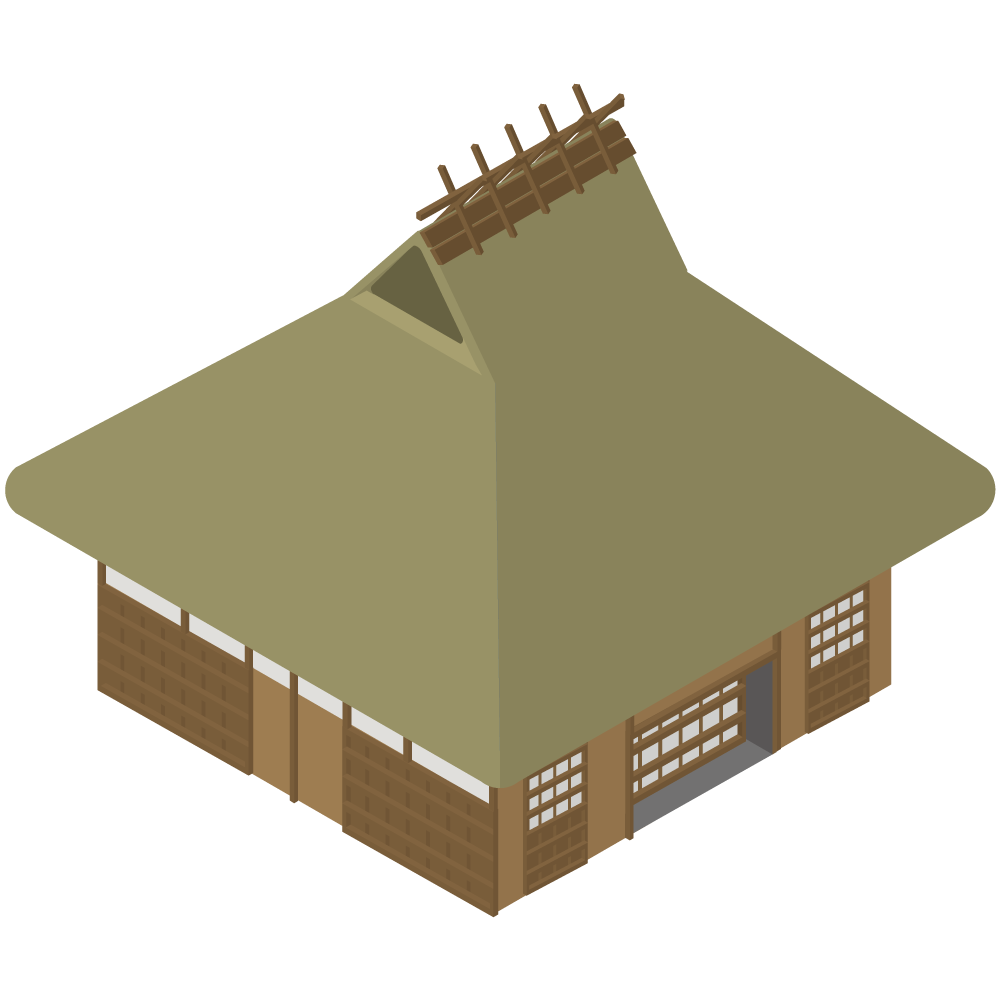 シンプルでかわいいアイソメトリックの茅葺屋根の日本家屋のイラスト素材