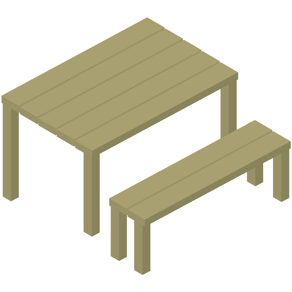 シンプルでかわいいアイソメ3Dの木のテーブルとベンチの素材