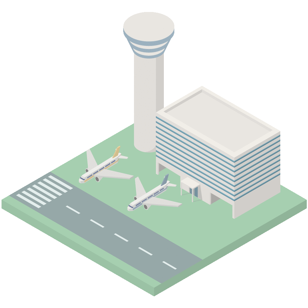 シンプルでかわいいアイソメトリックの飛行場から航空機が飛ぶ動くGIFアニメ素材