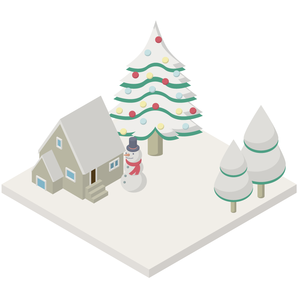 シンプルでかわいい3Dアイソメトリックのクリスマスの雪景色のイラスト素材